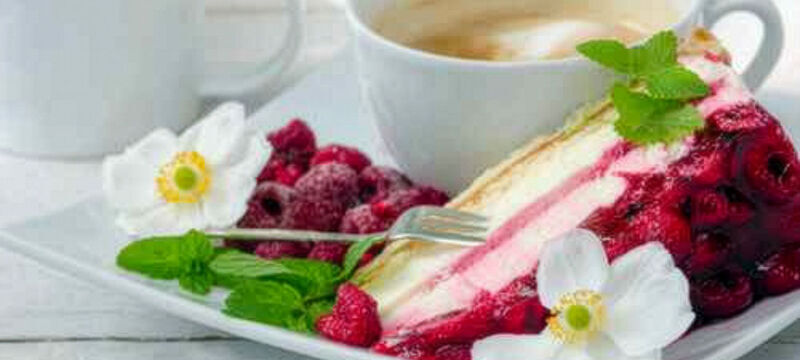 St&uuml;ck Schichttorte mit roter Beerensauce, Minze und Beeren auf wei&szlig;em Teller; Tasse im Hintergrund.